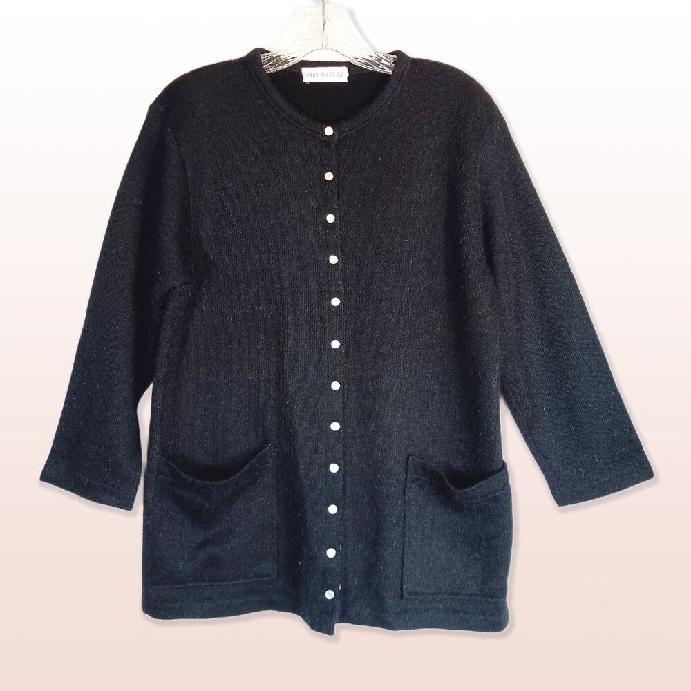 Paul Masson Black Faux Mohair Cardigan Pearl Snaps, ¾ Sleeves Size L
